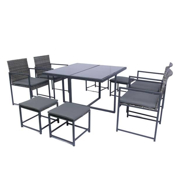 Unbranded 9-Piece Gray Metal Outdoor Dining Set with Gray Cushions and Glass Tabletop and Armrest