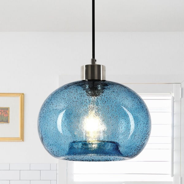 Henveton Jasslynn 60 Watt 1-Light Pendant Light with Blue Seeded Glass Shade for Kitchen Island Dinning Room Foyer