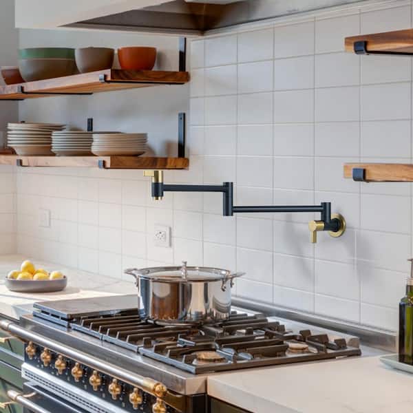Solid Brass Wall Mounted Pot Filler Faucet with Double Joint Swing Arms, Commercial Kitchen Pot Faucet in Gold and Black