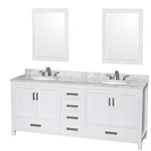 Sheffield 80 in. Double Vanity in White with Marble Vanity Top in Carrara White and 24 in. Mirrors