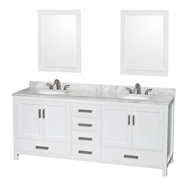 Wyndham Collection Sheffield 80 in. W x 22 in. D x 35 in. H Double Bath Vanity in White with White Carrara Marble Top and 24" Mirrors