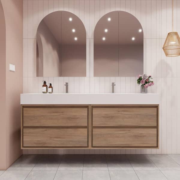BV Better Vanity Saggie 71 in. W. x 20 in. D x 28 in. H Double Sink Floating Bath Double Vanity in White Oak with White Acrylic Top