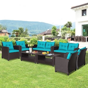 8-Piece Outdoor Conversation Set Patio PE Rattan Set with Glass Table and Sofa Cushions Turquoise
