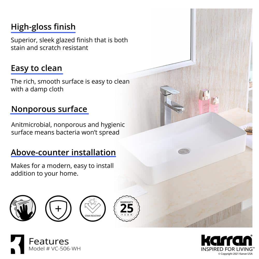 Valera 24" White Ceramic Rectangular Vessel Bathroom Sink