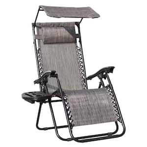 Gray Steel Adjustable Patio Recliner Outdoor Camp Chair with Pillow, Sunshade and Side Drops