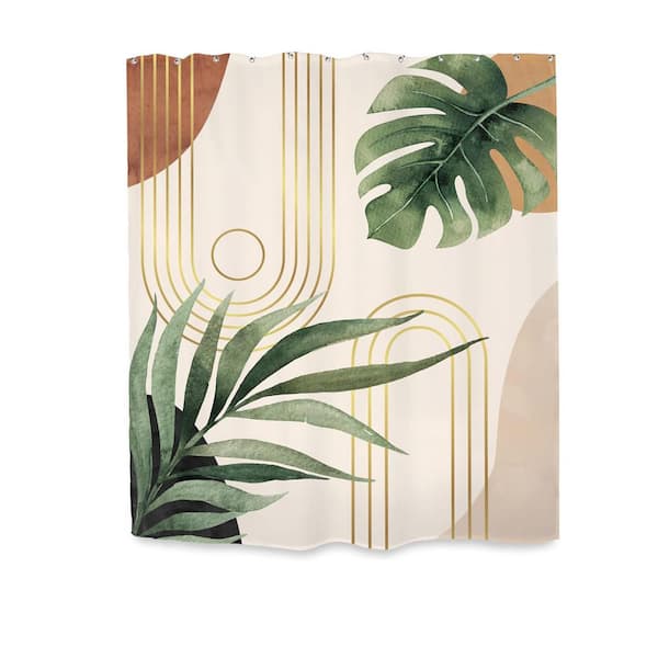 Boho Sage Green Shower Curtain 60 x 72 in. Abstract Mid Century Botanical Palm Leaf Decor Waterproof Set Polyester