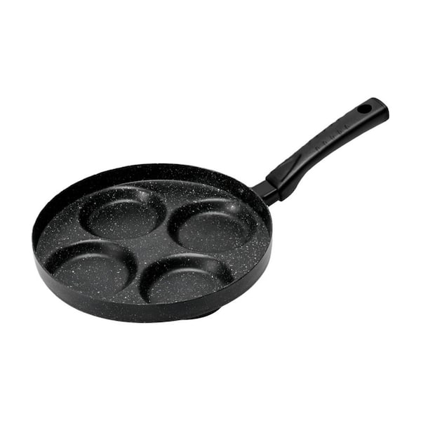 Black Aluminum Medium 9.5 in. Egg Frying Pan, 4-Cup Nonstick Fried Egg Pan, Egg Cooker Pan with Lid and Spatula