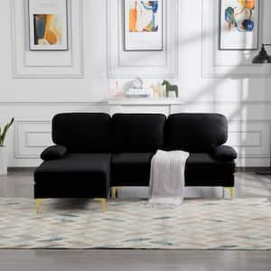 87.4 In. L-Shape Velvet Sectional Sofa In. Black 5-Seat Sofa Bed With 2 ...