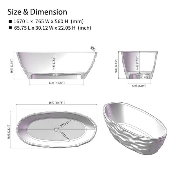 Moray 65.75 in. x 30 in. Resin Translucent Stone Flatbottom Solid Surface Freestanding Soaking Bathtub in Lake Blue