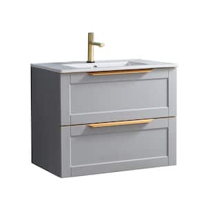 30 in. W x 18 in. D x 24 in . H Floating Bathroom Vanity in Light Gray with White Ceramic Sink Top