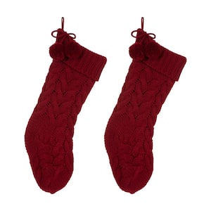 2-Pack 24 in. H Knitted Polyester Christmas Stocking with Pom Pom Ball-Red