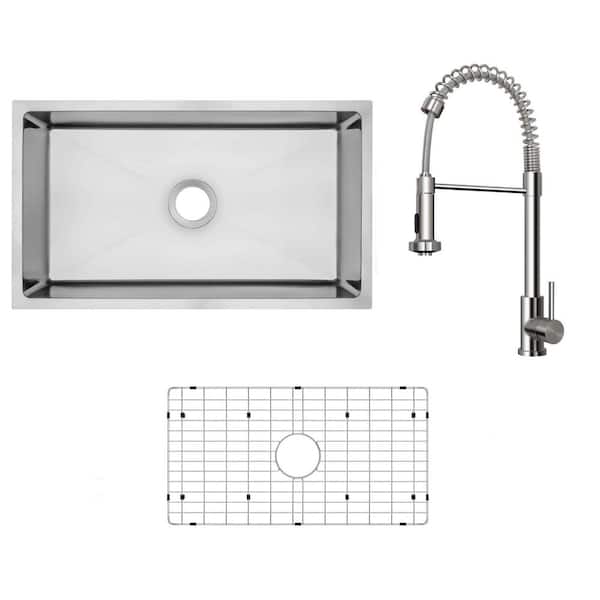 31 in. Tiny Radius Undermount Single Bowl 18-Gauge Stainless Steel Kitchen Sink with Pull-Down Sprayer Kitchen Faucet