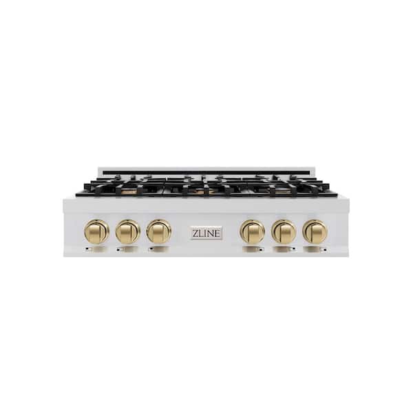Autograph Edition 36 in. 6 Burner Front Control Gas Cooktop with Champagne Bronze Knobs in Stainless Steel
