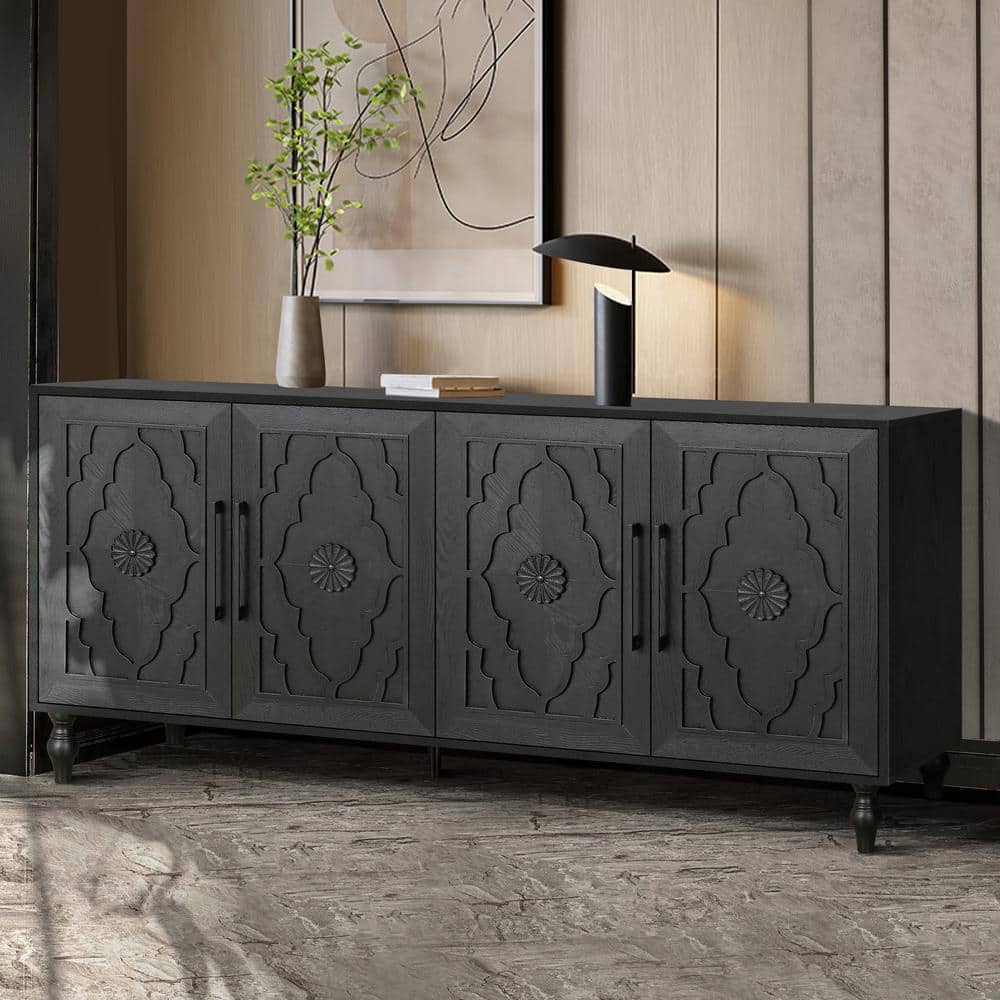 Black 63" MDF Sideboard with Carved Flower Doors and Metal Handles