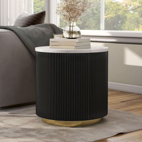 Keith 19.5 in. Black and White Round Marble Top End Table with Gold Accent Reeded Plinth Base