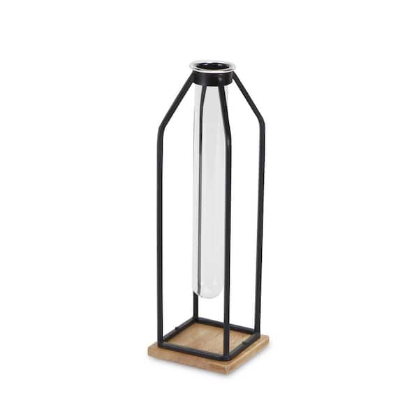 12 in. Black Clear And Natural Metal Glass And Wood Posy Test Tube Table Vase
