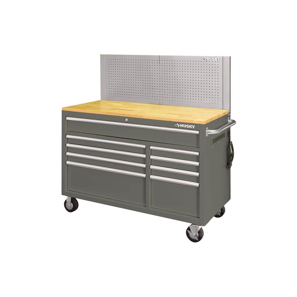Husky 52 in. W x 24.5 in. D 9-Drawer Standard Duty Mobile Workbench Tool Chest with Solid Wood Top and Pegboard in Gloss Gray, Gloss Gray with Silver Trim -  HOTC5209B42M