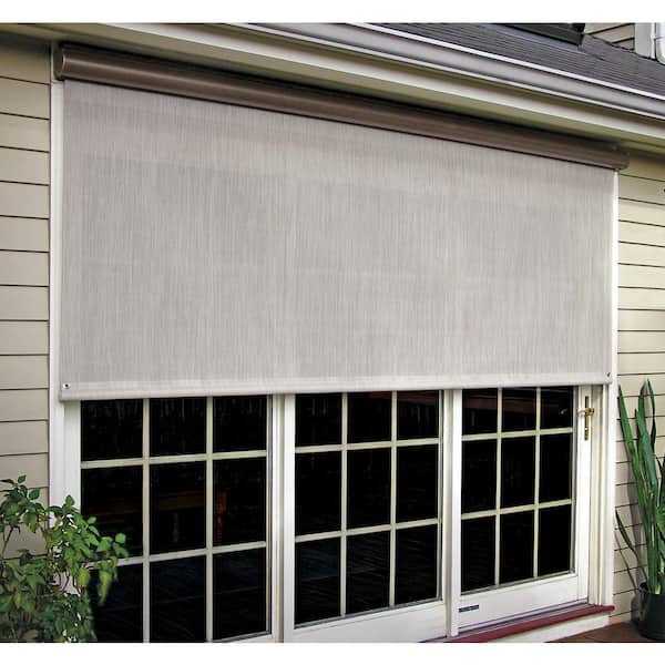 Bali Essentials Charcoal Corded Light Filtering Motorized Vinyl Exterior Solar Shade Left Motor Bronze Cassette 66 in. W x 84 in. L