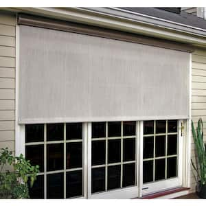 Desert Sand Corded Light Filtering Motorized Vinyl Exterior Roll Shade Left Motor Cream Cassette 120 in. W x 84 in. L, Custom