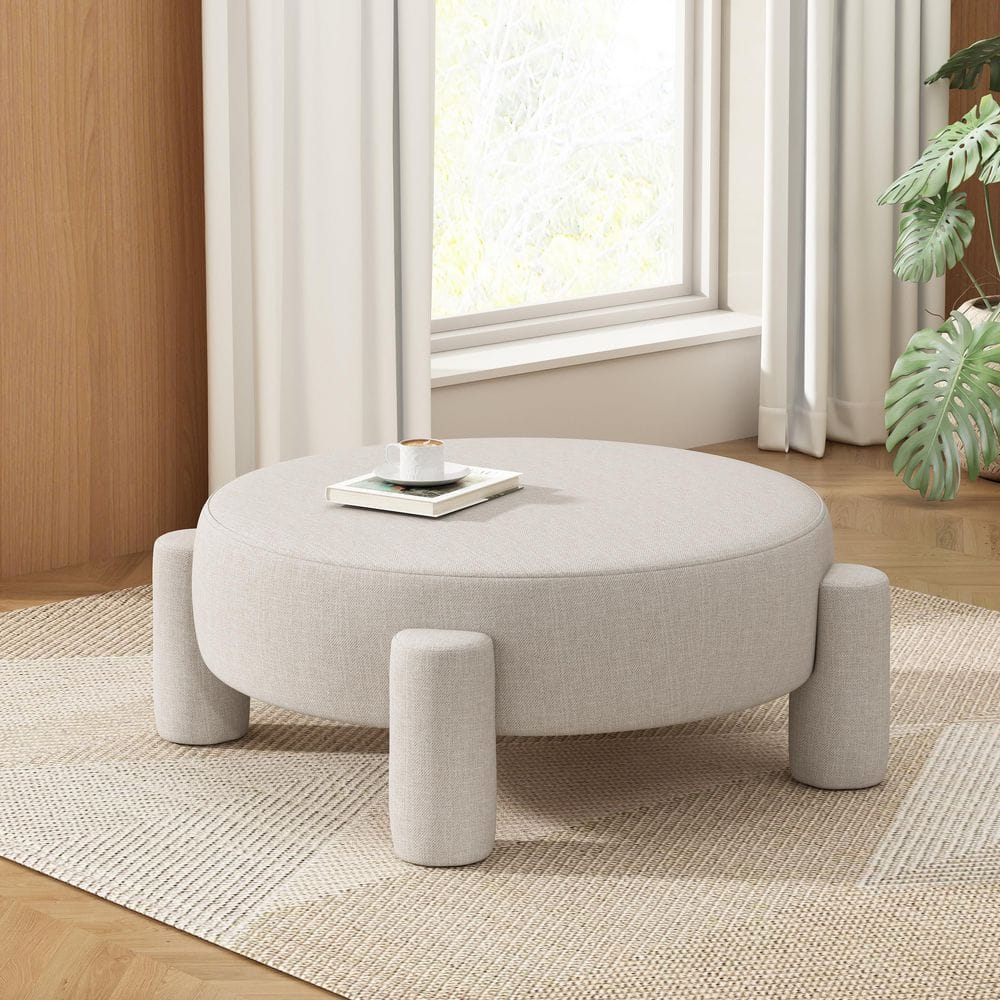 Seaman Beige Velvet Upholstery Round Large Ottoman with Tube Shaped Legs
