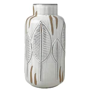 Embossed Leaves White and Beige Ceramic Vase, 5.31 x 5.31 x 10.63 in.