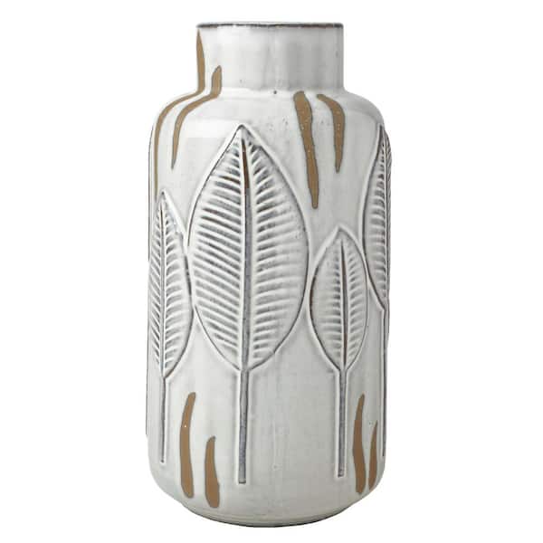 Mikasa Embossed Leaves White and Beige Ceramic Vase, 5.31 x 5.31 x 10.63 in.