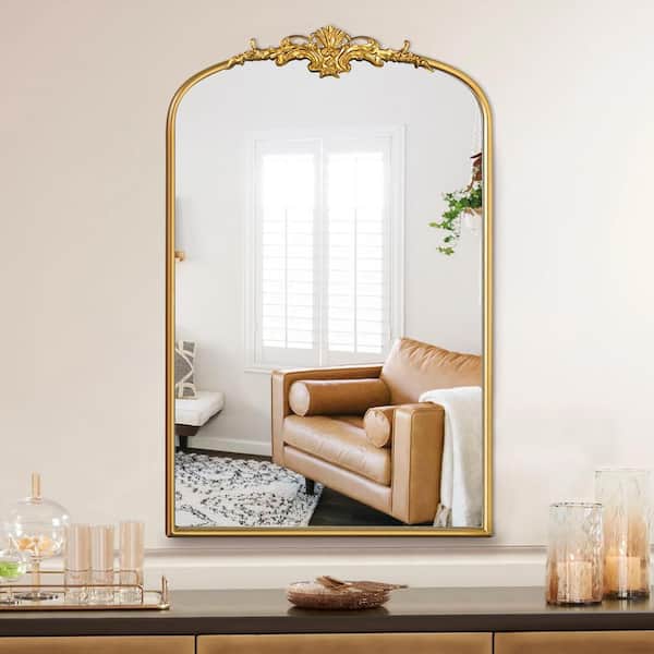 Sxiawe 24 in. W x 36 in. H Antique Gold Baroque-Inspired Ornate Arched Classic Frame Wall Mirror