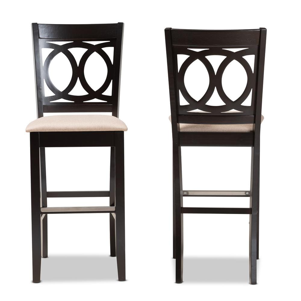 Set of 2 Sand Upholstered Oak Bar Stools with Espresso Finish