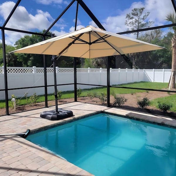 10 ft. Square Aluminum Outdoor Patio Cantilever Umbrella Offset 360° Rotation Umbrella with Base, Beige