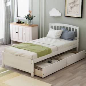 White Twin Size Storage Platform Bed with 2-Drawers Wood Bed Frame with Headboard, No Box Spring Need