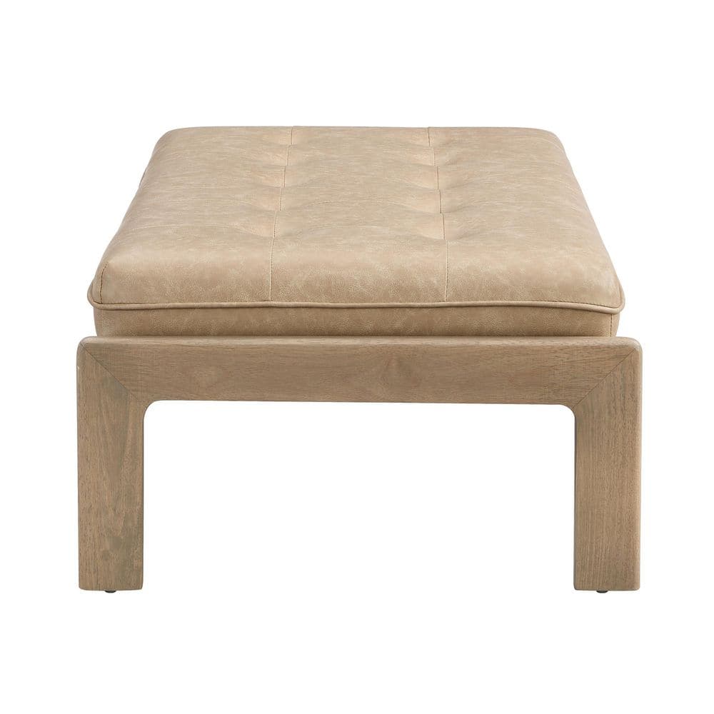 Taupe Brown Faux Leather Tufted Cocktail Ottoman with Rubberwood Base