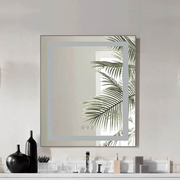 24 in. W x 28 in. H Rectangular Aluminum Framed Backlit and Front Light LED Wall Bathroom Vanity Mirror in Gun Grey