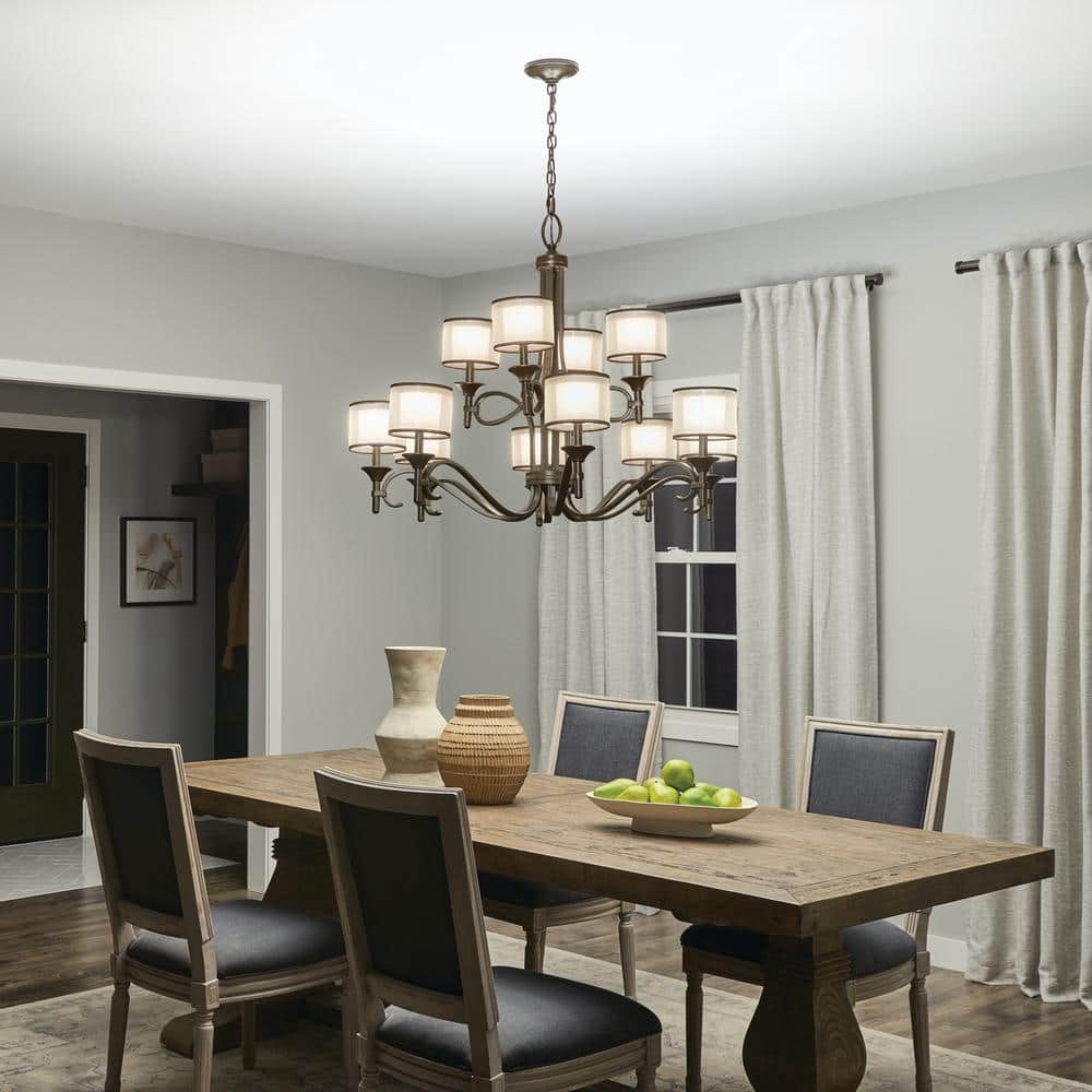 Mission Bronze 12-Light Drum Chandelier with Satin Etched Glass
