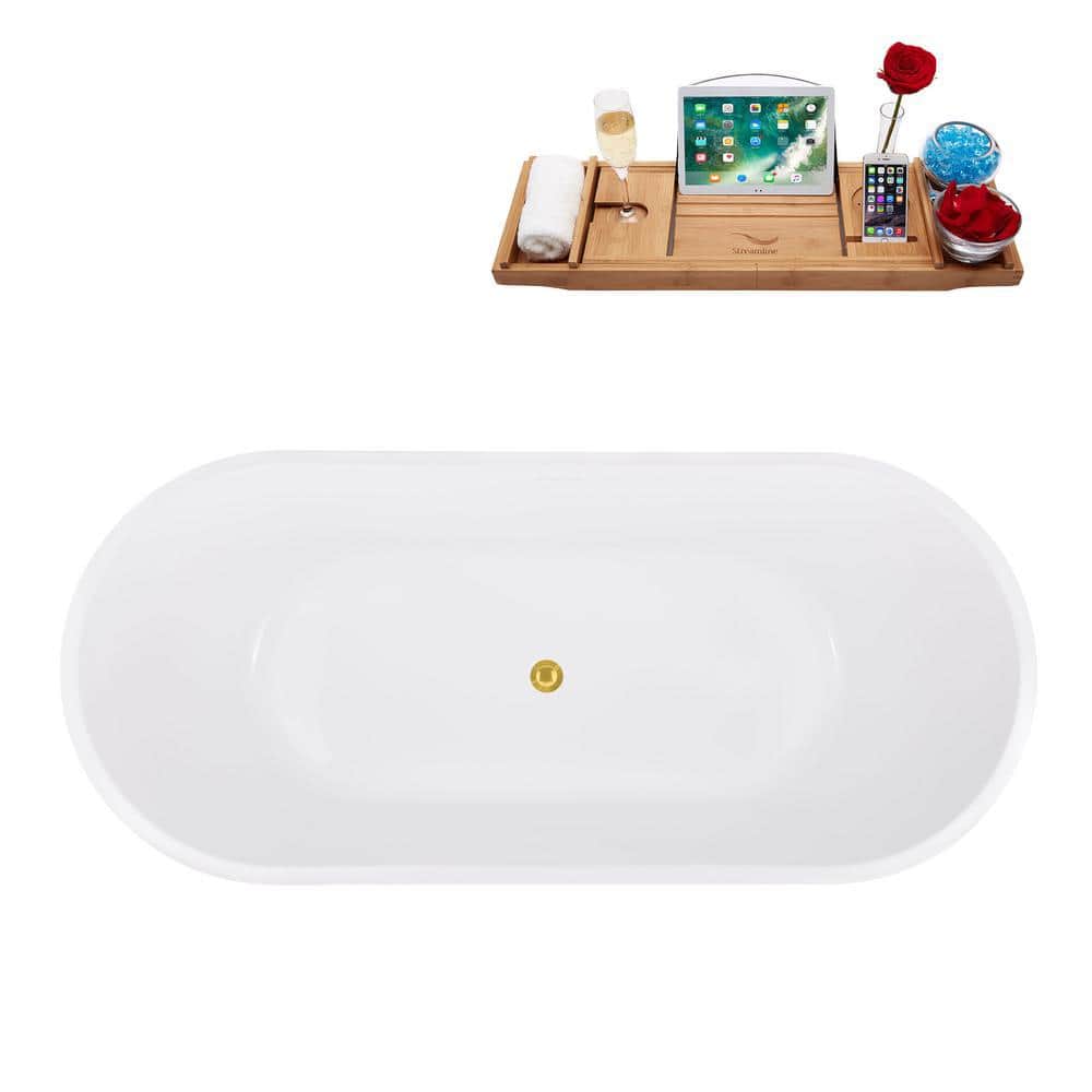 70'' White Acrylic Freestanding Soaking Bathtub with Gold Hardware