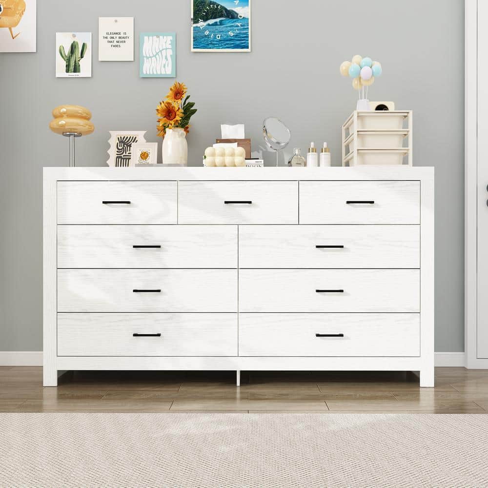 White Wood Grain 63 in. W Wooden Dresser, Chest of Drawers, Sideboard with 9-Drawers without Mirror