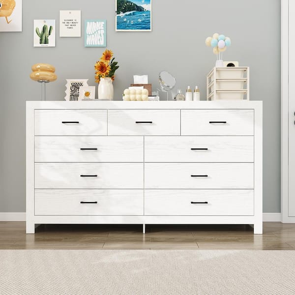 White Wood Grain 63 in. W Wooden Dresser, Chest of Drawers, Sideboard with 9-Drawers without Mirror