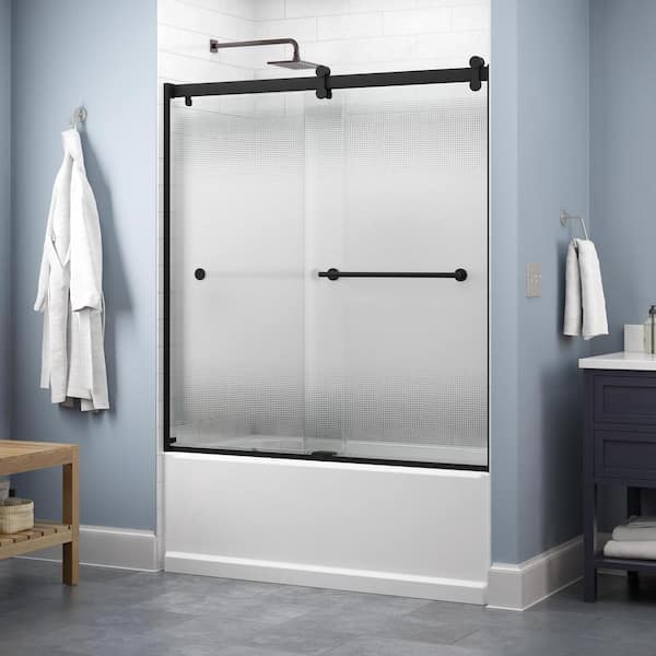 Delta Contemporary 60 in. x 58-3/4 in. Frameless Sliding Bathtub Door in Matte Black with 1/4 in. (6mm) Droplet Glass