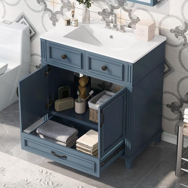 29. 37in. Freestanding Single Sink Blue Bath Vanity with White Ceramic Top