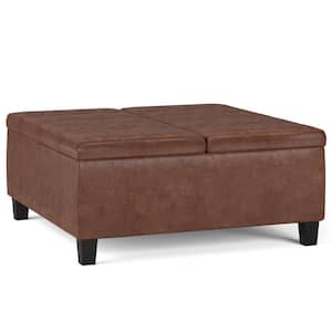 Ellis 36 in. Wide Contemporary Square Coffee Table Storage Ottoman in Distressed Saddle Brown Vegan Faux Leather