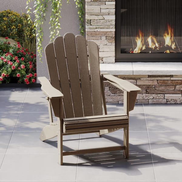 Aderson Outdoor Patio Weather Resistant Classic Poly Plastic Adirondack Chair with Cupholder in Weathered Wood