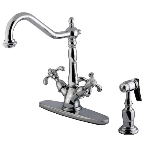 Kingston Brass French Country 2-Handle Standard Kitchen Faucet with Side Sprayer in Polished Chrome