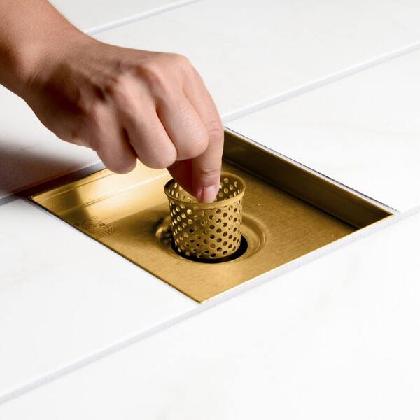 Brushed Gold 4-Inch Brass Shower Floor Drain with Removable Strainer Cover and Square Anti-Clogging FD0404BG