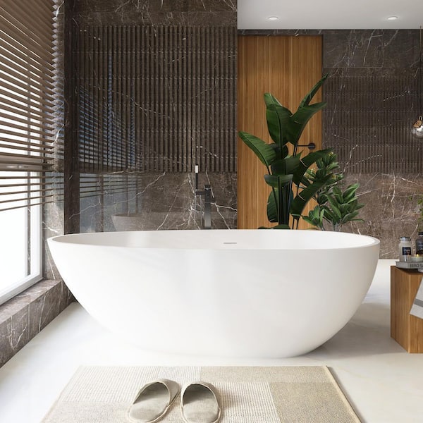 67 in. x 34 in. Solid Surface Stone Resin Freestanding Flatbottom Soaking Bathtub in Matte White