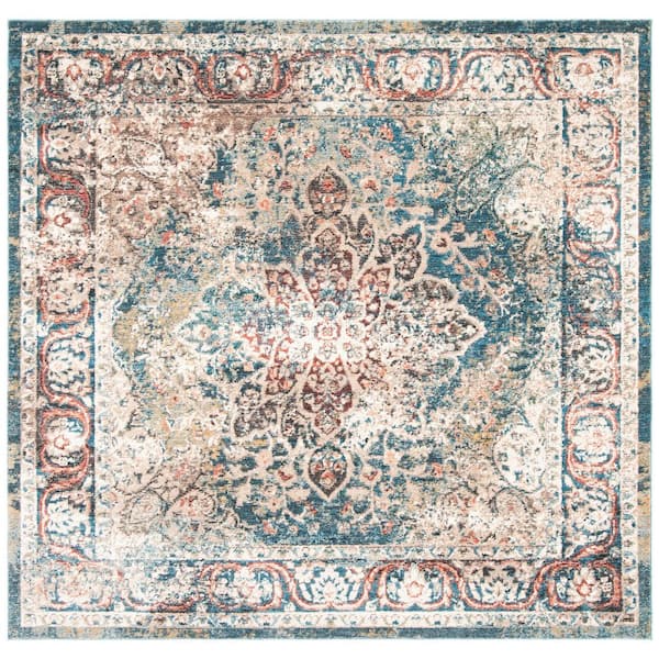 SAFAVIEH Carlyle 7 ft. x 7 ft. Turquoise/Ivory Medallion Distressed Square Area Rug