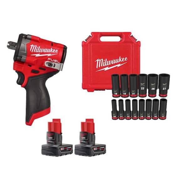 M12 FUEL 12V Lithium-Ion Brushless Cordless Stubby 1/2in. Pin Detent Impact Wrench w (2)3Ah Batteries& Metric Socket Set