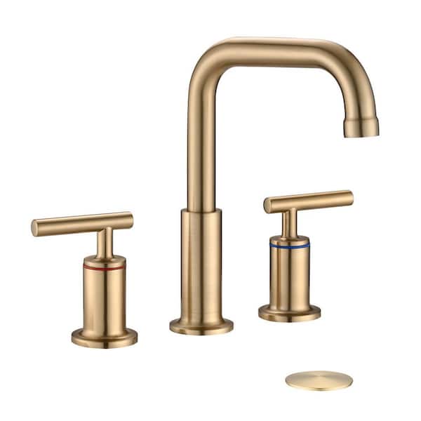 YASINU 8 in. Widespread Double-Handles Bathroom Faucet Combo Kit Pop-Up Drain Assembly in Brushed Gold
