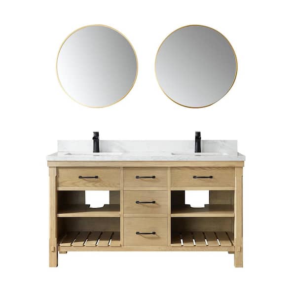 ROSWELL Valencia 60 in. W x 22 in. D x 33.9 in. H Double Sink Bath Vanity in Washed Ash with White Stone Countertop and Mirror