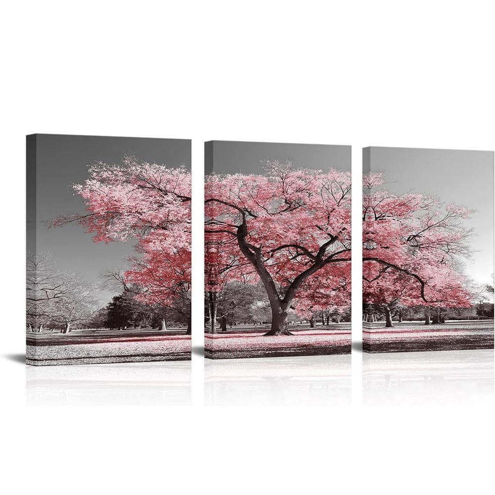 3-Piece 12x16 in. Framed Pink Tree and Cherry Blossom Canvas Wall