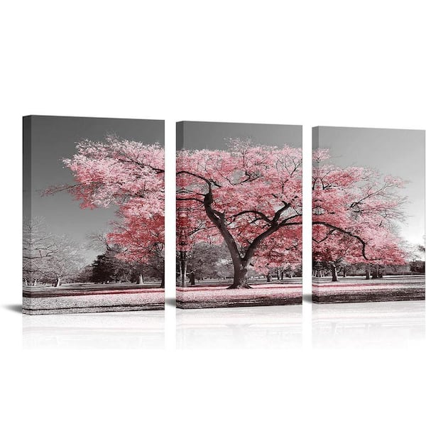 3-Piece 12x16 in. Framed Pink Tree and Cherry Blossom Canvas Wall