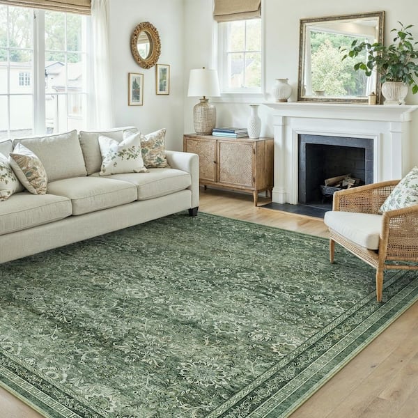 The Wizard of Oz 8 ft. X 10 ft. Green Distressed Washable Vintage Floral Area Rug